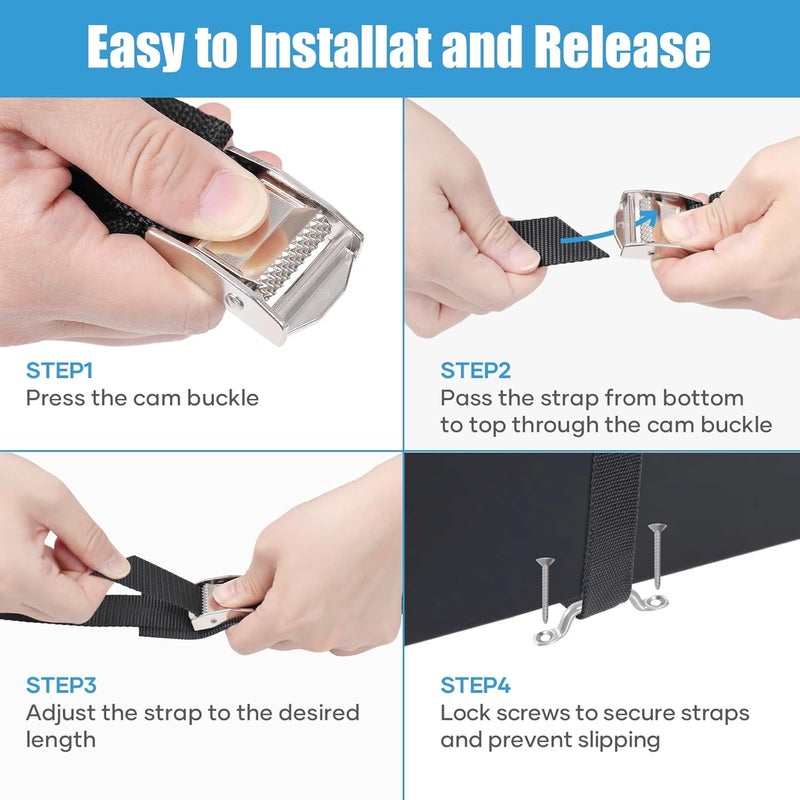 EXVITAL Battery Tie Down Strap Hold Down Kit, 1" x 48" Cooler Tie Down Kit with Non-Rusting Cam Buckle, Stainless Steel Bracket & SS Screws for RV Battery,Luggage Belt (4 Pack) - Image 4